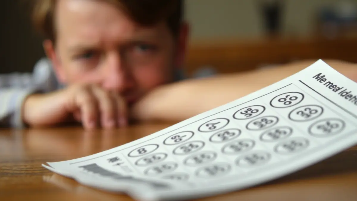 Generic image of a lottery ticket with blurred numbers and a worried expression in the background.