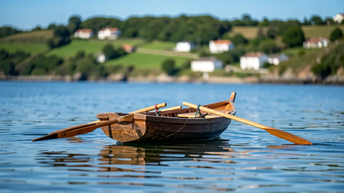 Una embarcación tradicional de regatas (trainera) sobre aguas tranquilas, con colinas verdes y casas blancas al fondo.