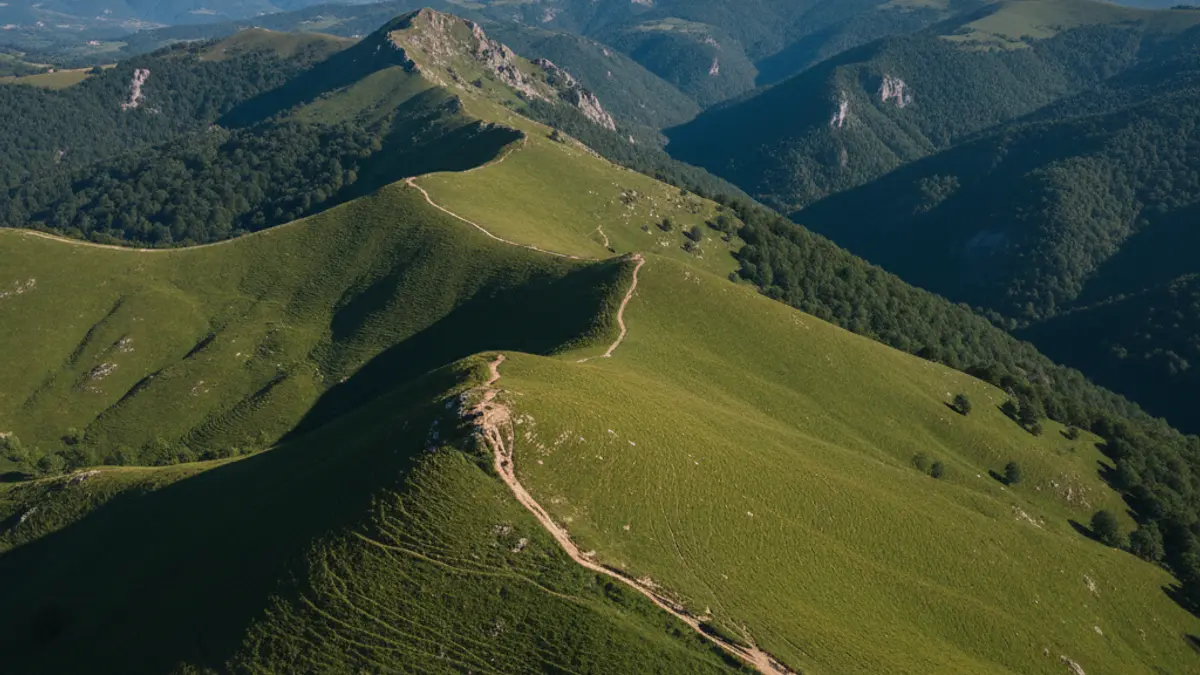 Imagen genérica de una marcha de montaña, con paisajes verdes de montaña.