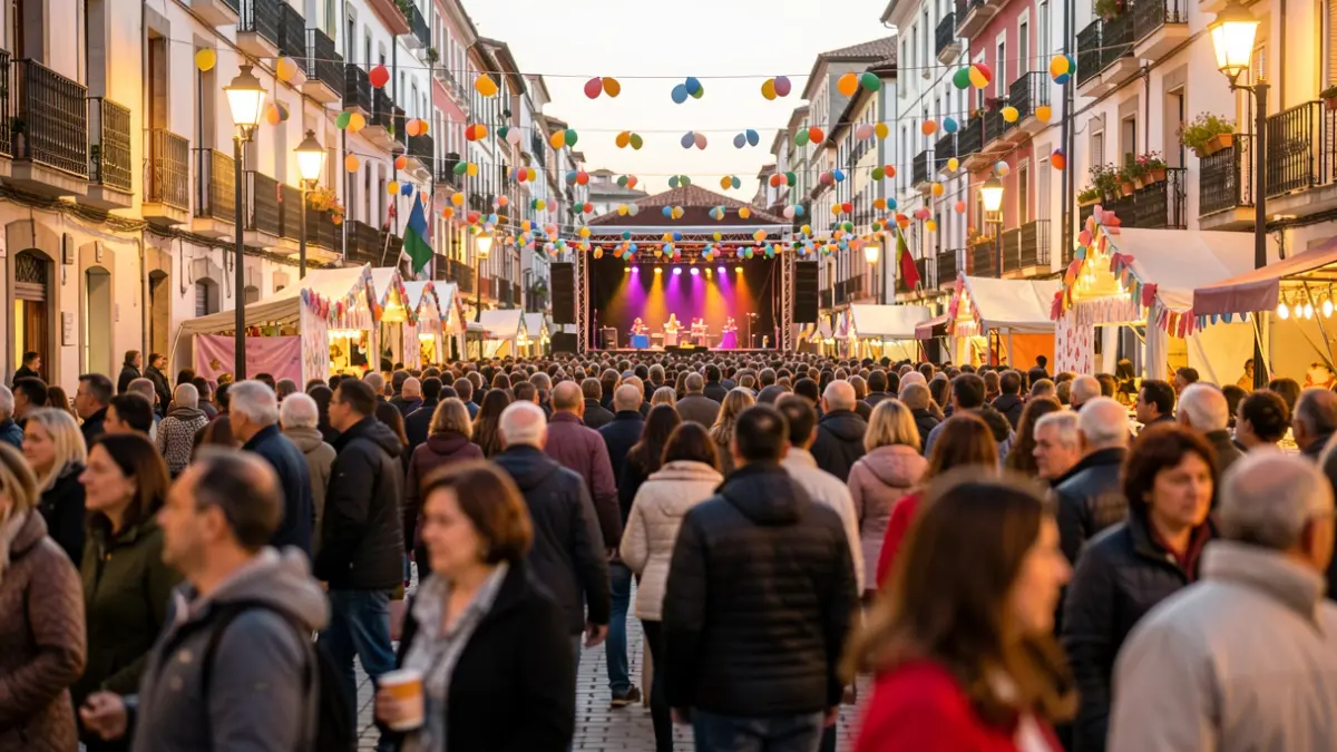 Generic image of a festive street scene, with blurred crowds and colorful decorations.