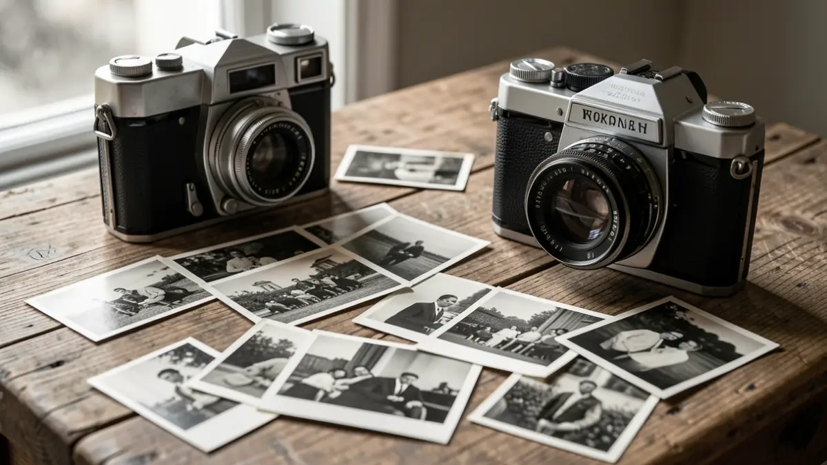 Generic image: collection of old photographic negatives and cameras on a wooden surface.