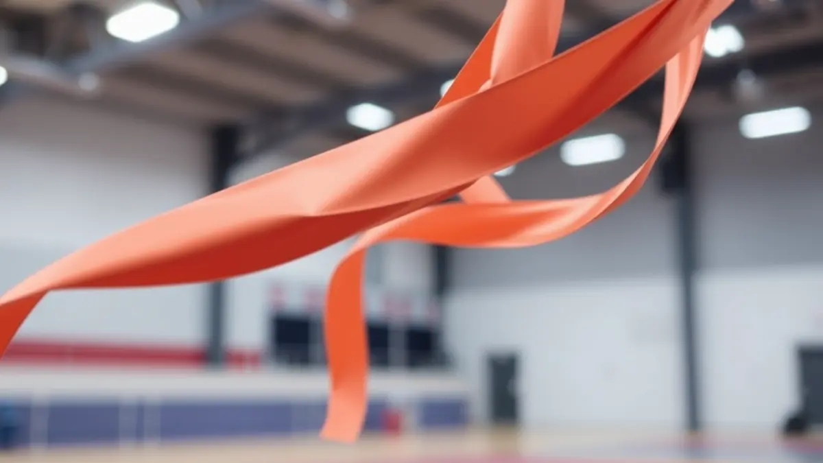 Imagen genérica de una cinta de gimnasia rítmica en movimiento, con un fondo difuminado de un gimnasio.