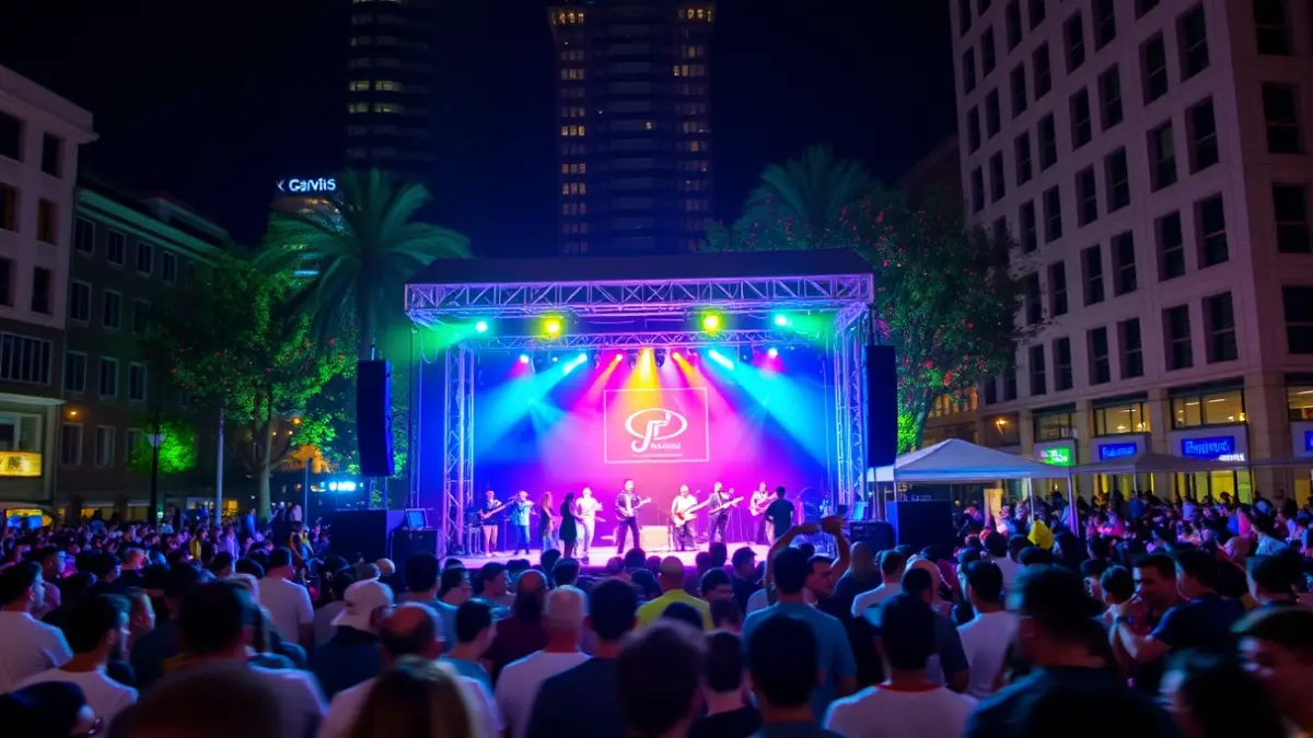 Generic image of an outdoor night stage with colorful lights and a blurred crowd, in a festive atmosphere.