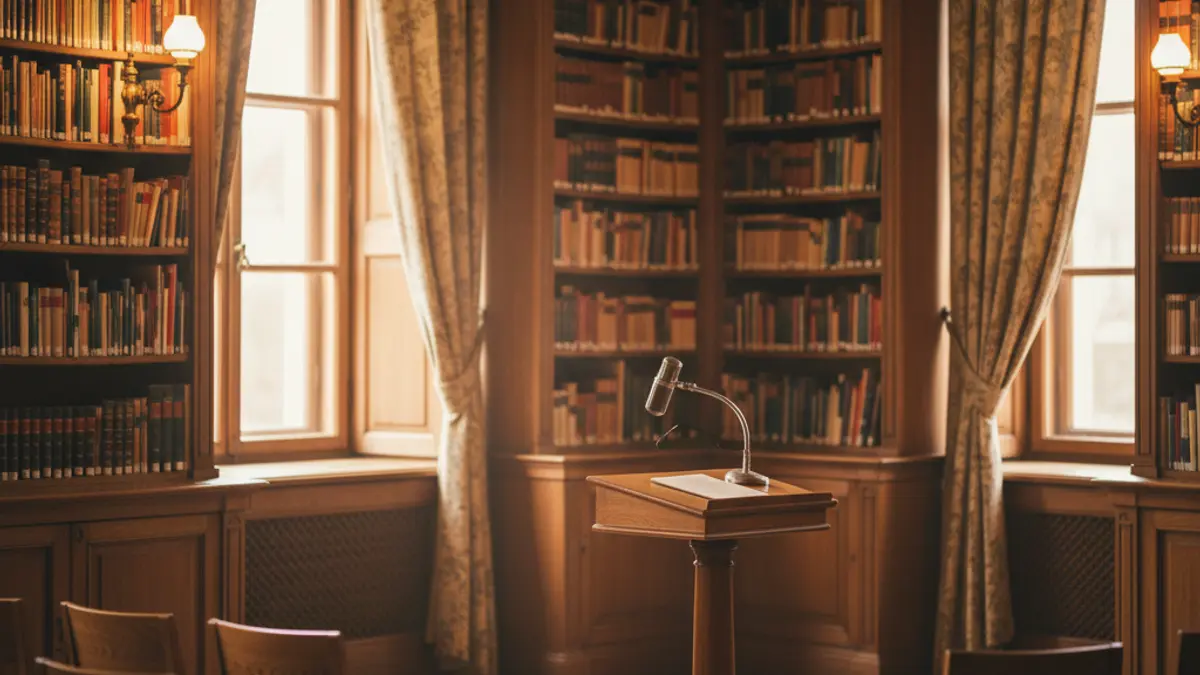 Generic image of a library interior with bookshelves and a microphone.