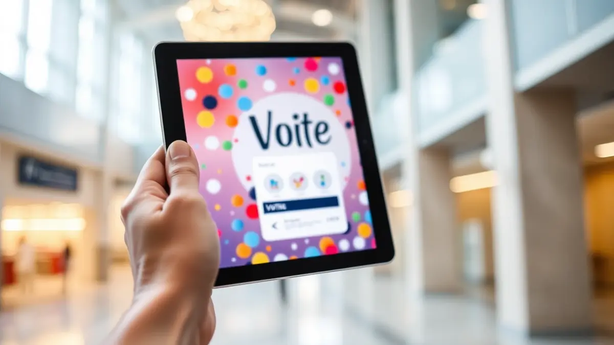 Imagen genérica: una mano sosteniendo una tableta digital, mostrando un diseño borroso de un cartel festivo con una interfaz de votación.