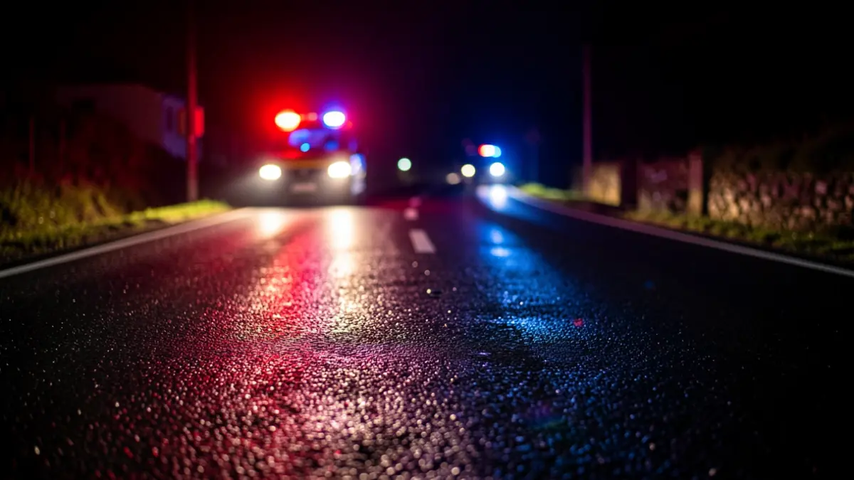 Dark road at night, with red and blue lights reflecting on the wet asphalt.