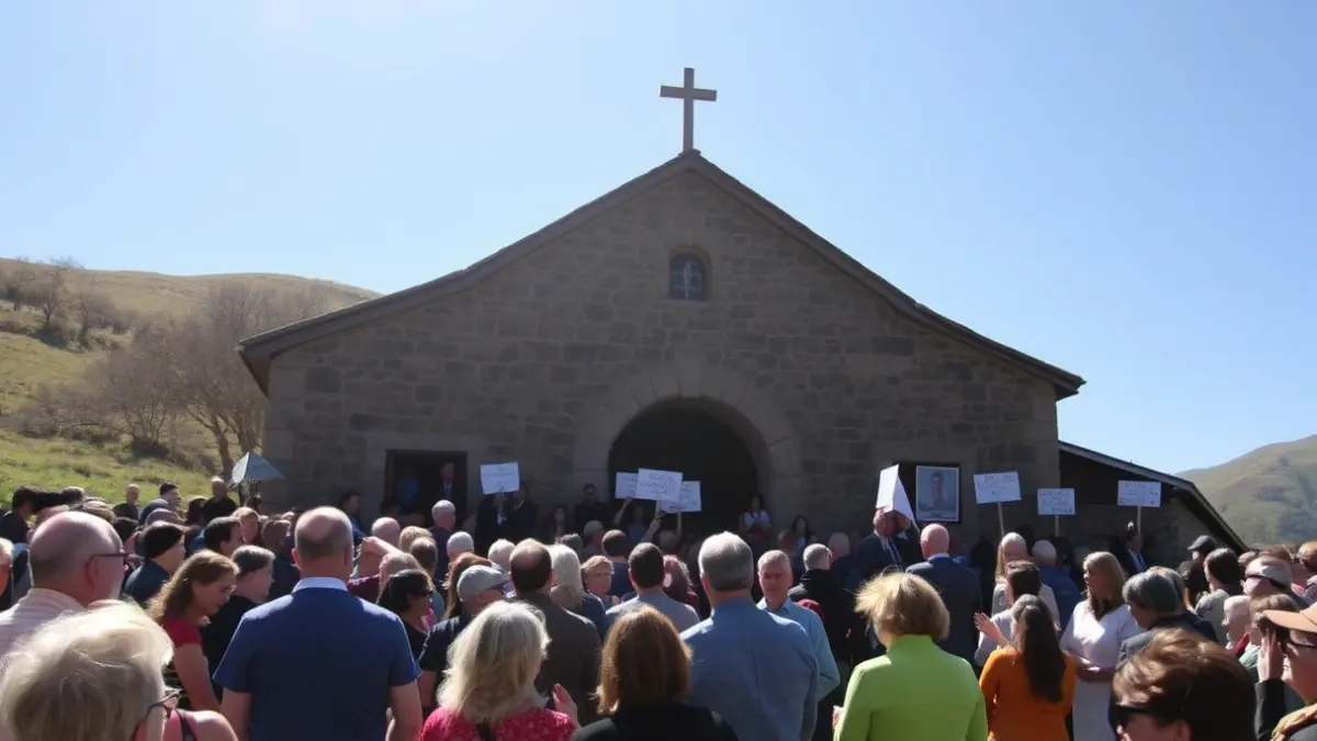 Imagen genérica de la fachada de una ermita con gente reunida, algunos aplaudiendo y otros protestando.