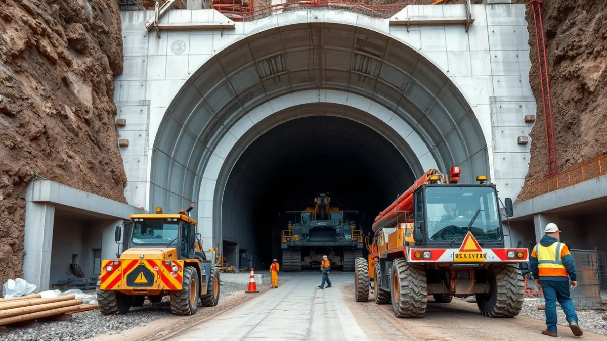 Obras de construcción de un túnel, con maquinaria pesada y trabajadores de seguridad.