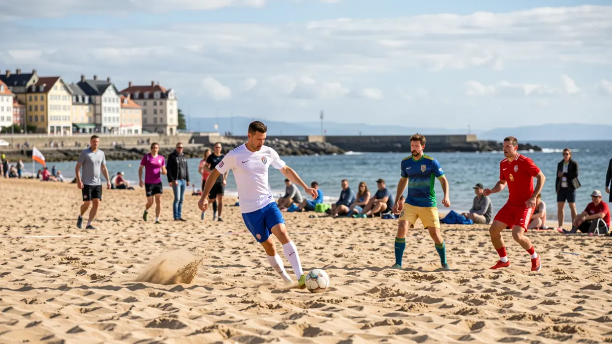 Irudia generikoa da, hondartzako futbol partida bat erakusten duena.