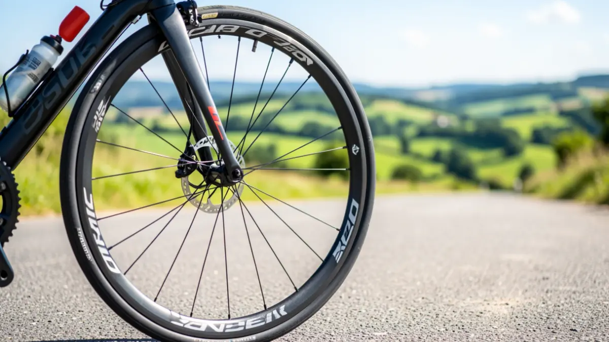 Generic image: road bicycle wheel on asphalt.
