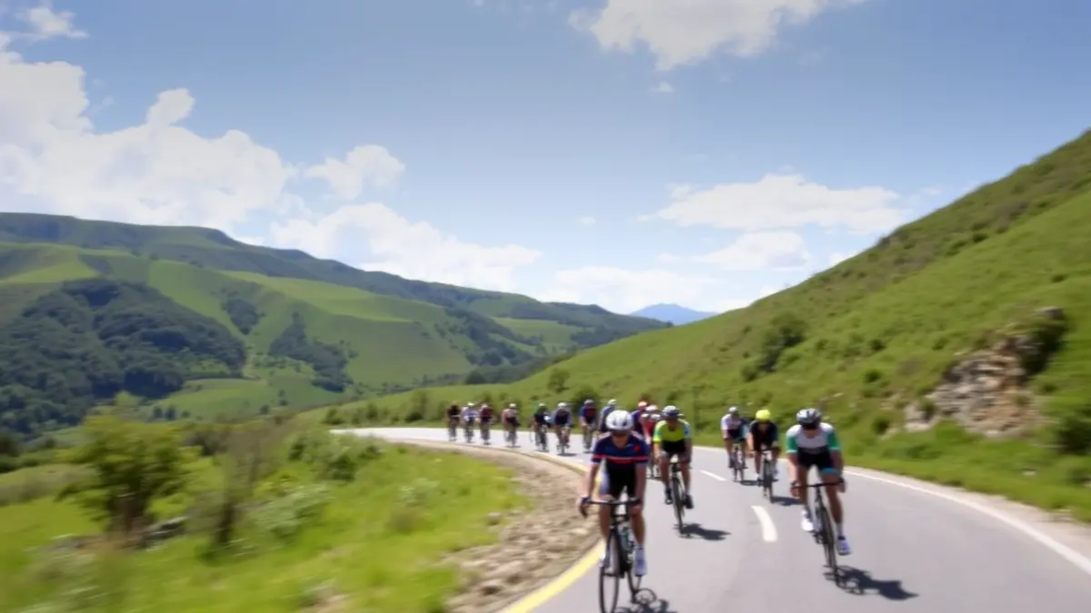 Imagen genérica de una carrera ciclista femenina, con montañas verdes de fondo.