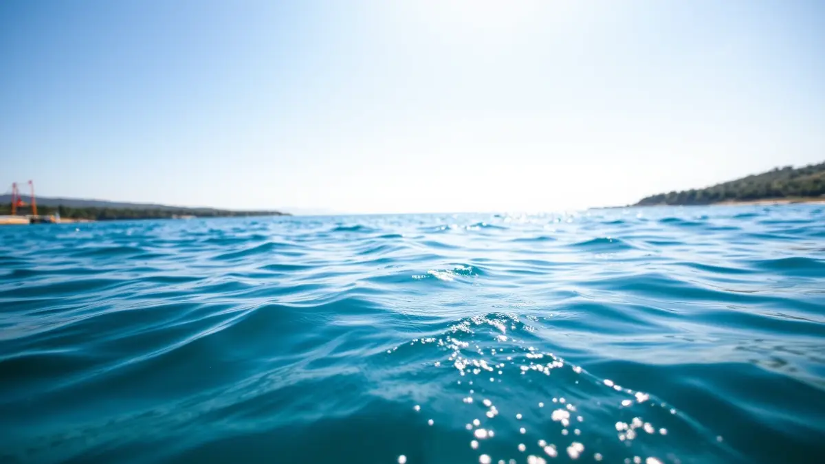 Perspectiva de un nadador en aguas abiertas, con la costa y una boya difuminadas en la distancia.