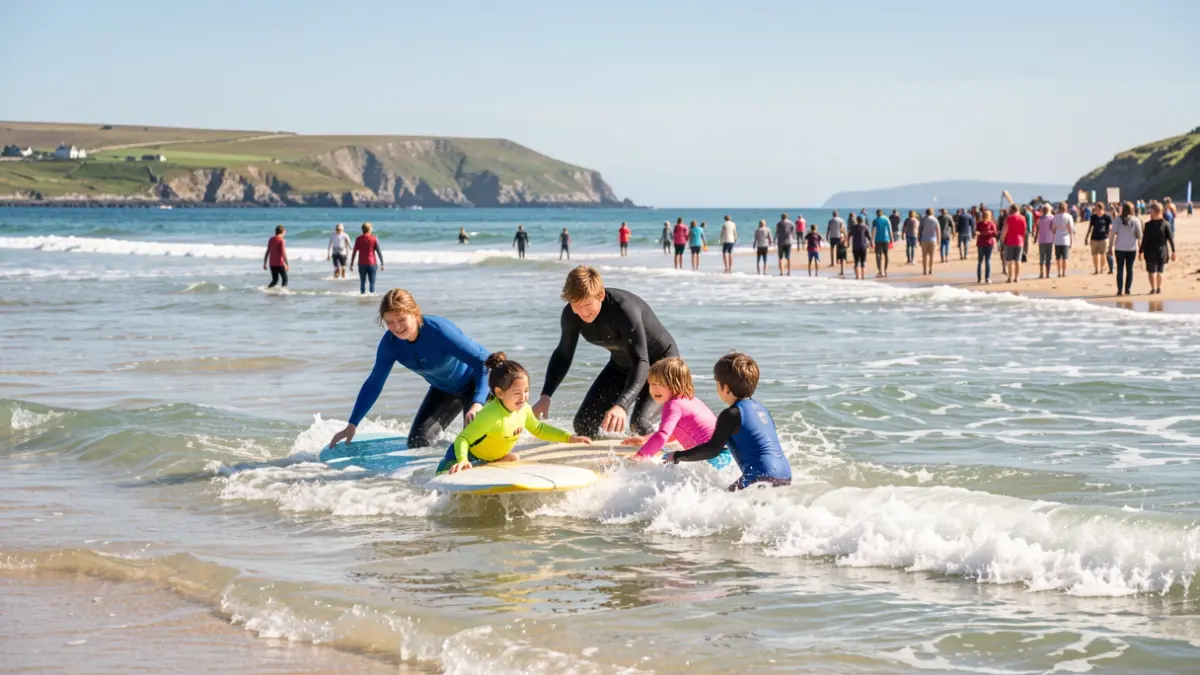 Imagen genérica de personas practicando surf en la costa.