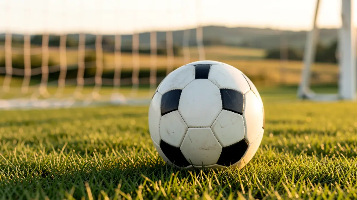 Futbol pilota belar gainean, sareta lausotuta atzealdean.