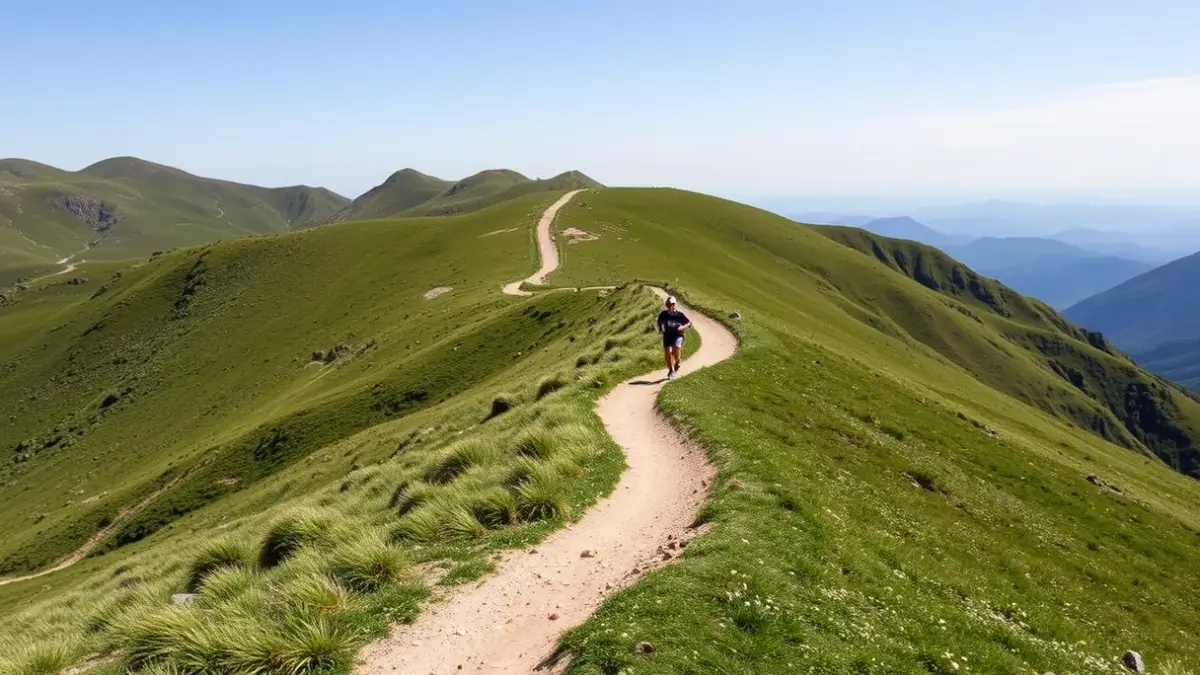 Generic image of a mountain race, with a runner in the distance and a green landscape in the background.