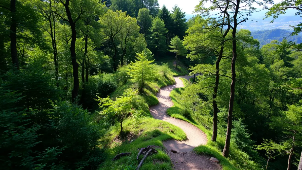 Imagen genérica de un sendero de montaña a través de un bosque verde.