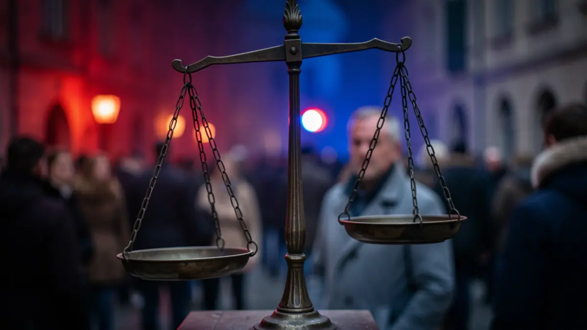 Generic image about justice and tragedy, with scales of justice slightly tilted, blurred red and blue lights in the background.