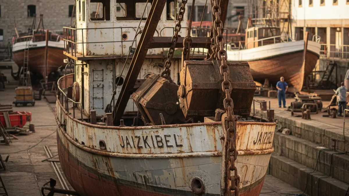 The old and rusty Jaizkibel dredge at Ondartxo shipyard, next to Albaola facilities.