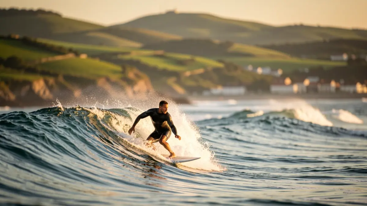 A surfer on a wave with the Basque Country coastline and green hills blurred in the background.