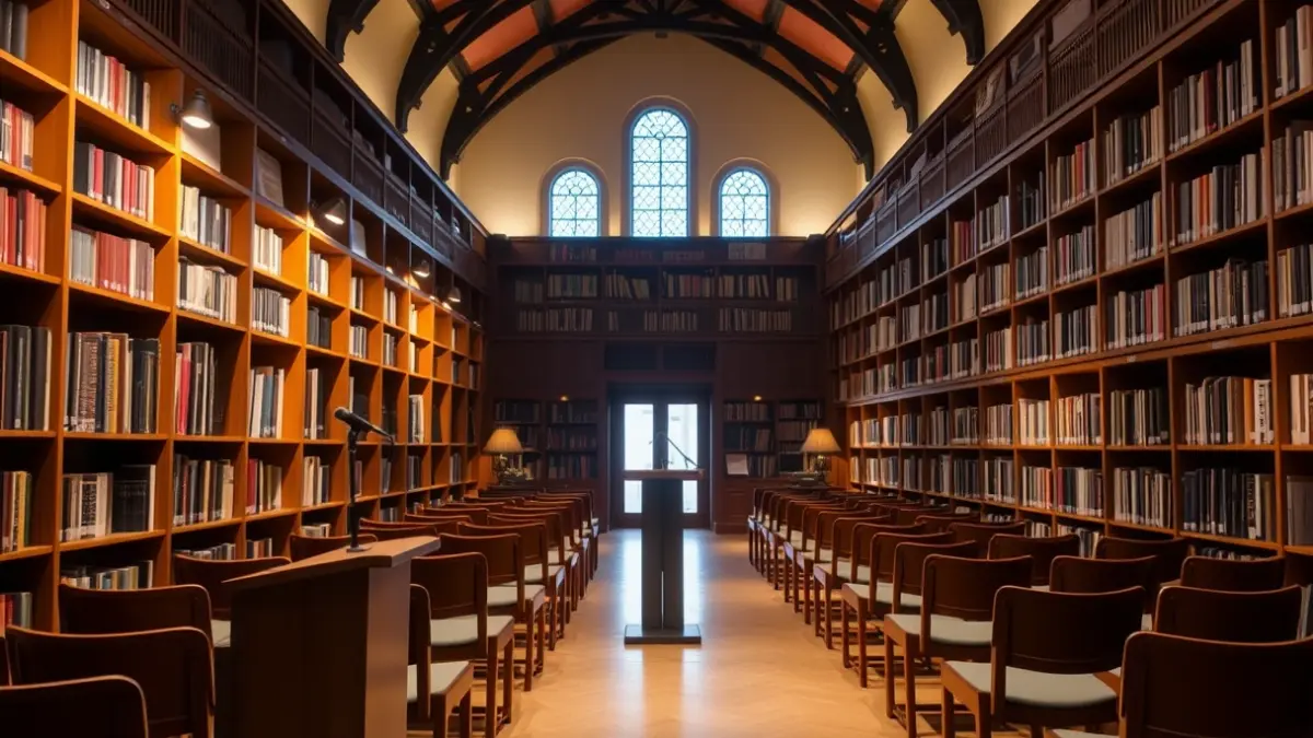 Generic image of a library interior with a microphone and empty chairs.