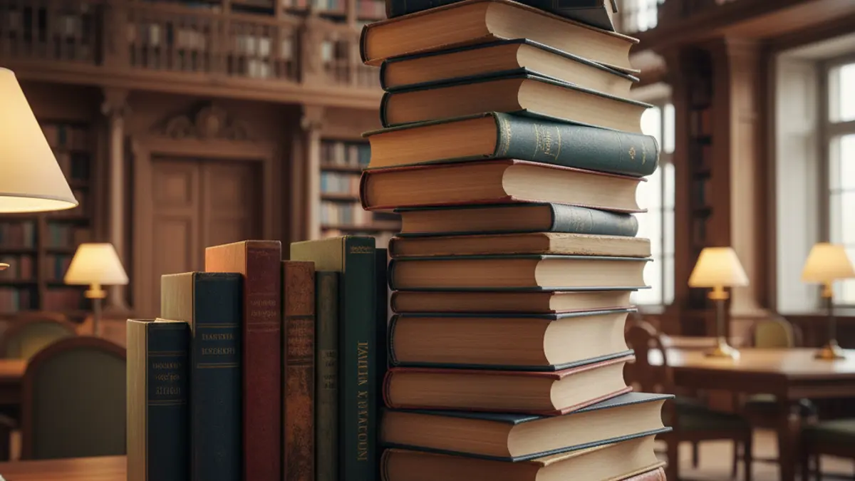 Imagen genérica de una pila de libros sobre una mesa de madera, con un fondo difuminado.
