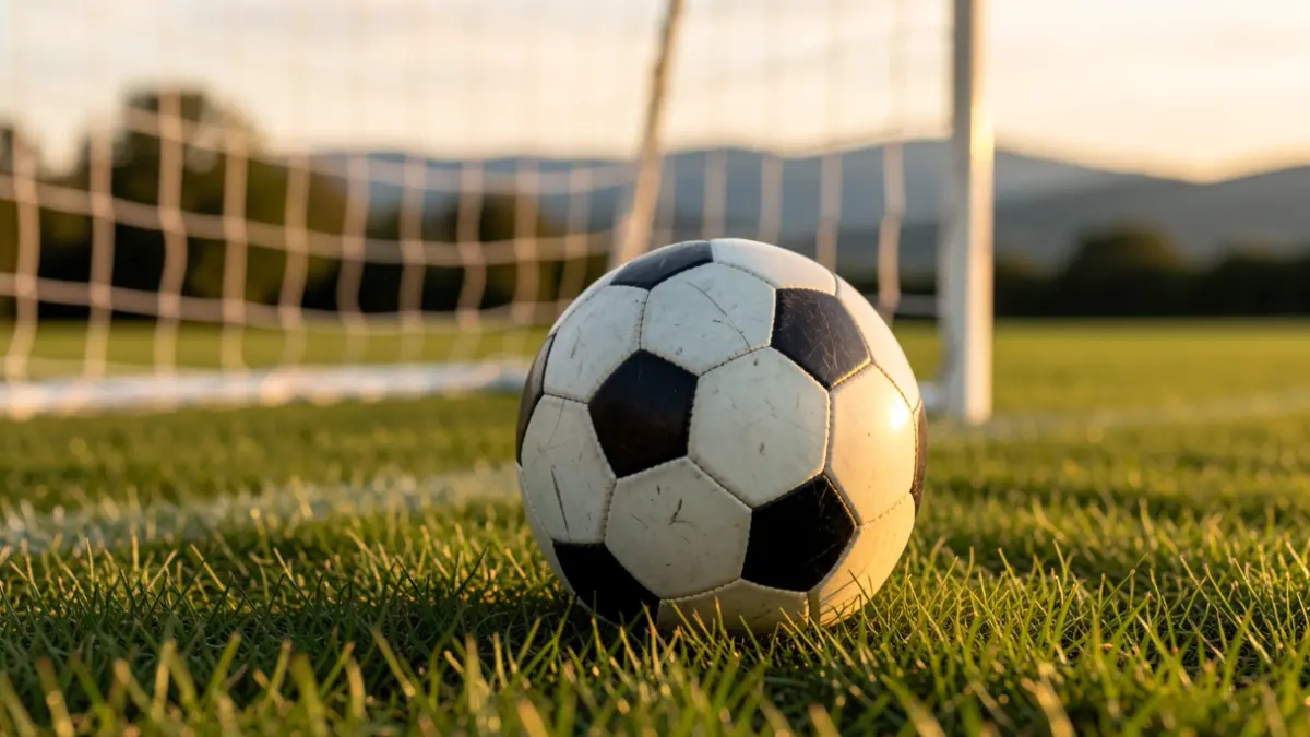 Generic image of a football field with a ball and blurred net.