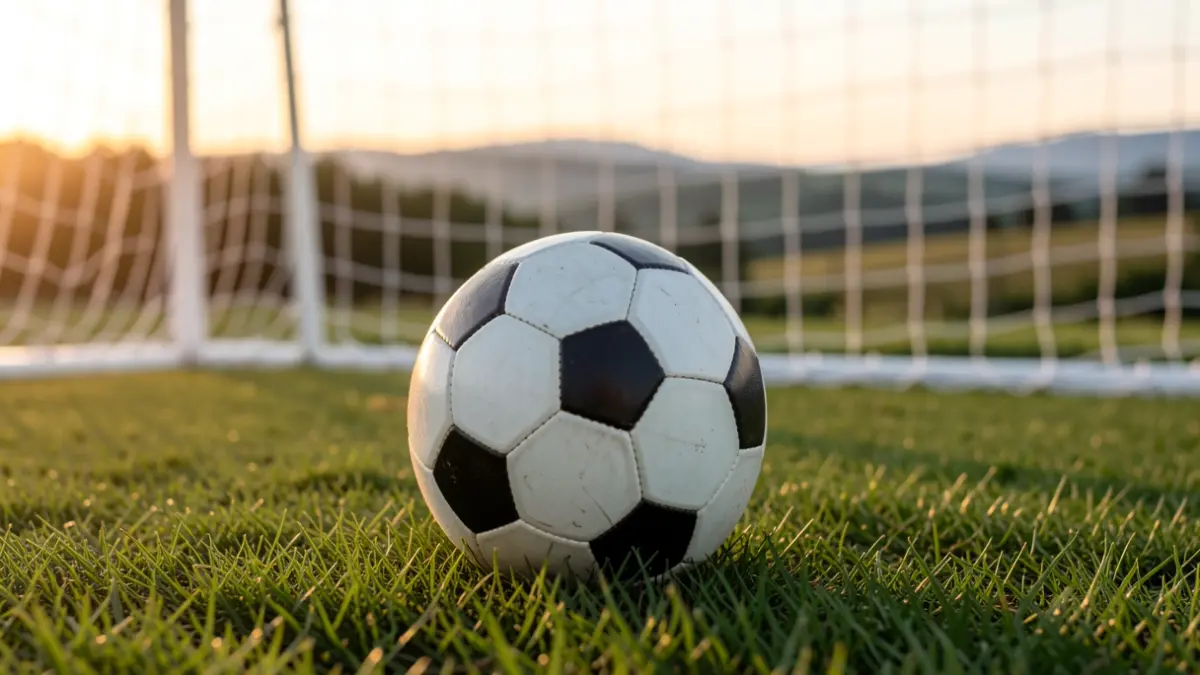 Balón de fútbol sobre césped, red de portería difuminada al fondo.