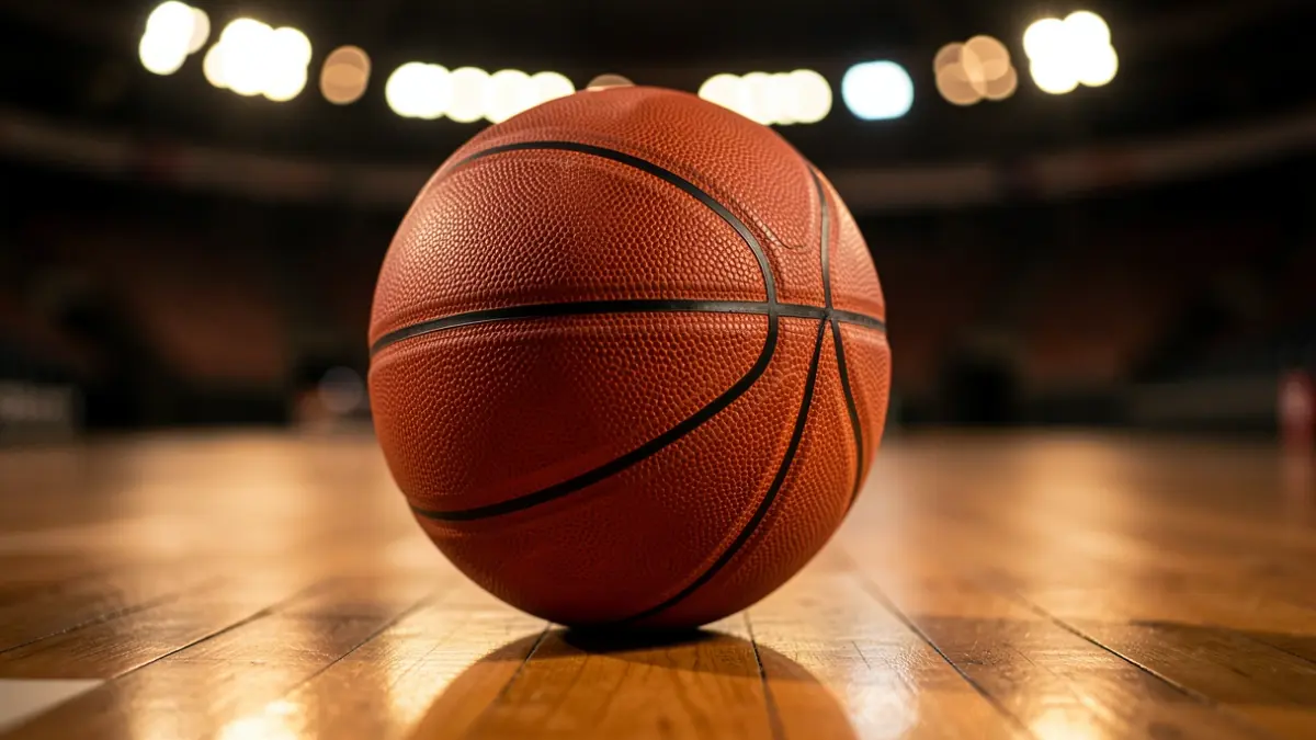 Un balón de baloncesto sobre un suelo de madera, con luces del estadio desenfocadas.