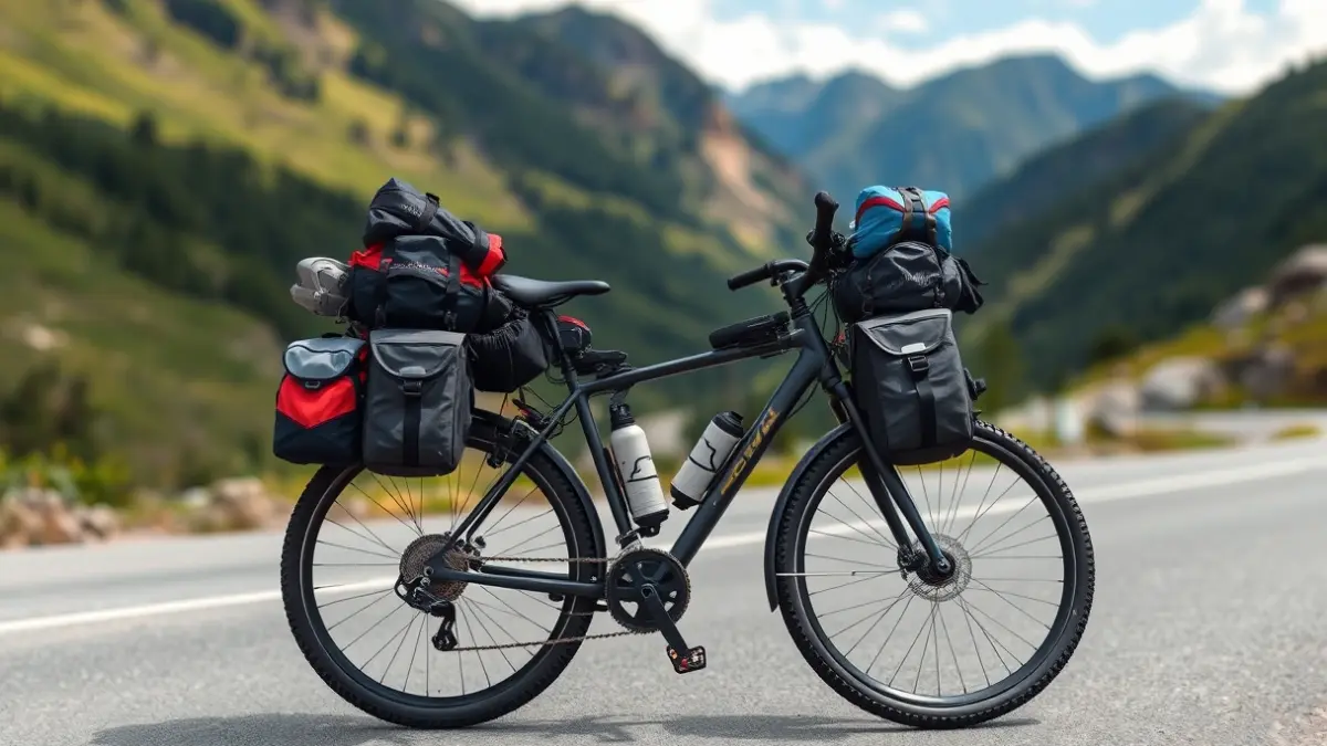 A bicycle on a mountain road, with green mountains in the background.