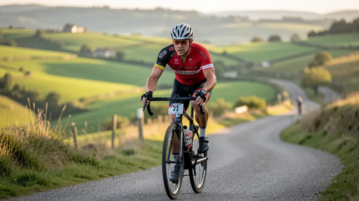 Generic image of a triathlete cycling on a mountain road.
