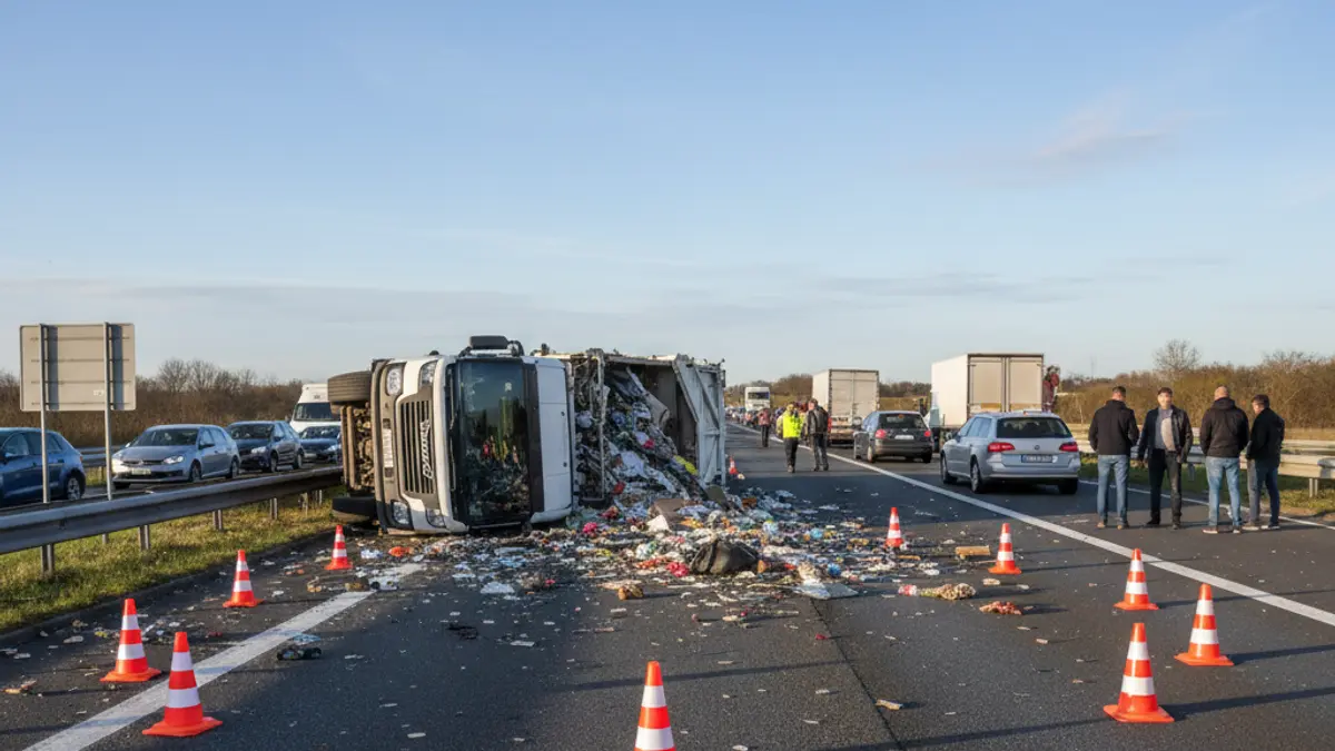 An overturned truck on a road, spilling waste.
