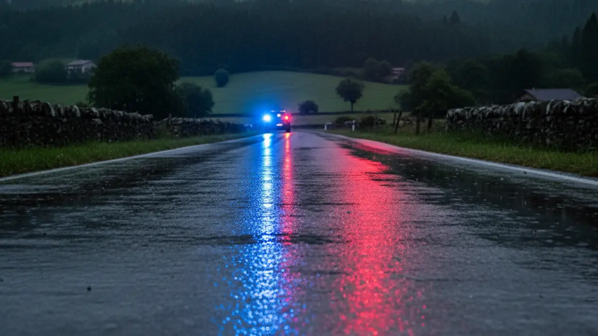 Generic image: Emergency lights reflecting on wet asphalt at night.