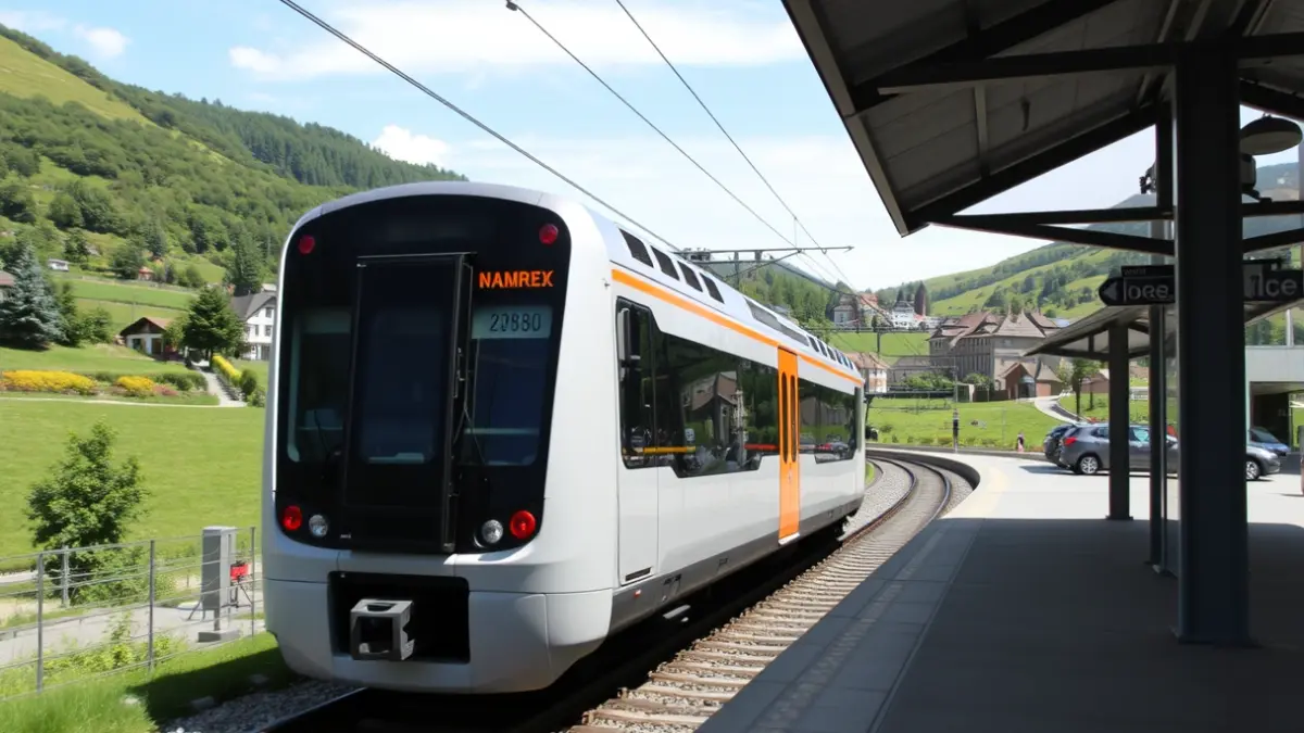 A modern electric train arriving at a station, with traditional Basque architecture in the background.