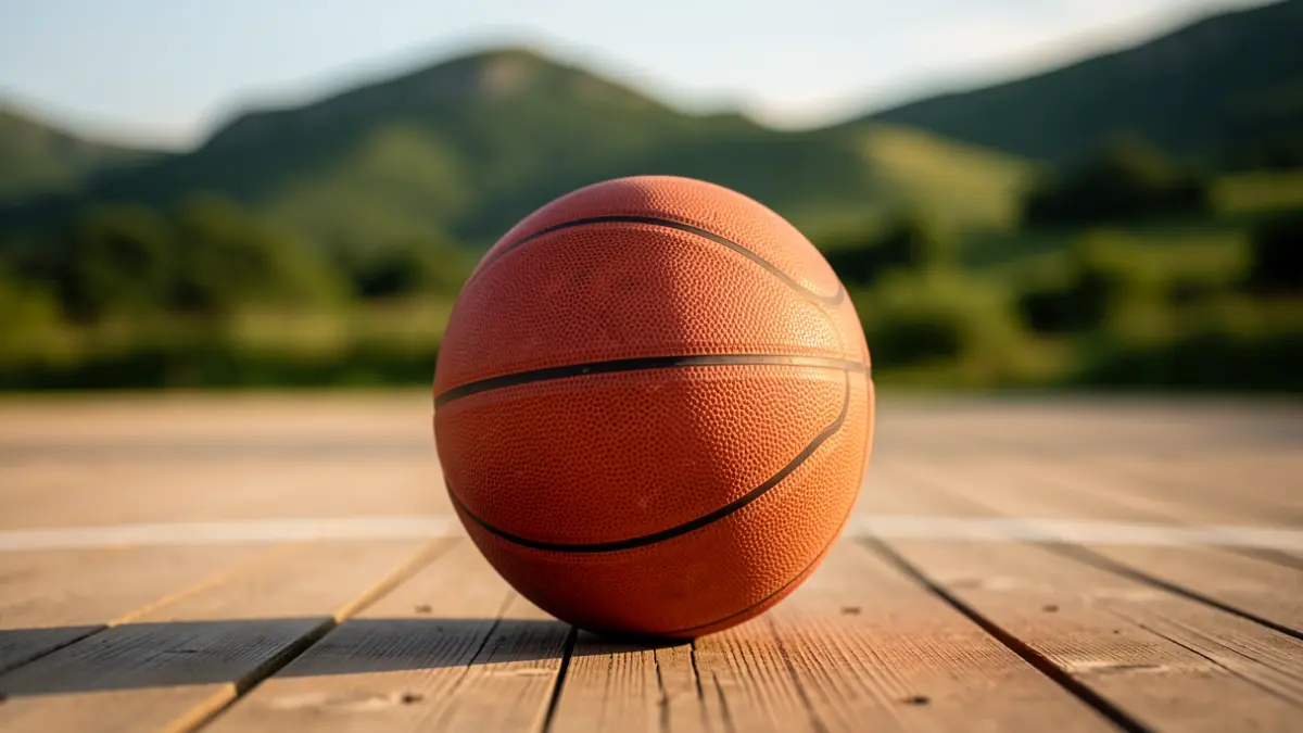 Un balón de baloncesto en el suelo de una cancha, con las colinas verdes del País Vasco desenfocadas al fondo.