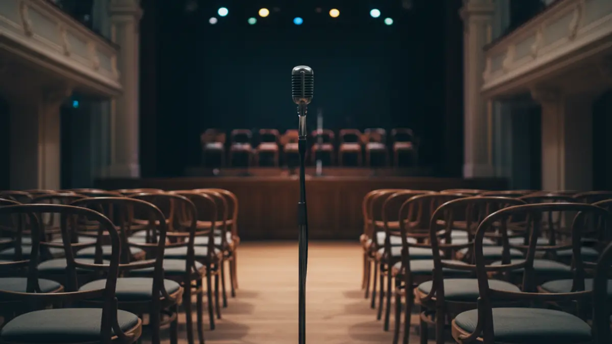 Imagen genérica de un escenario de concierto vacío con un micrófono.