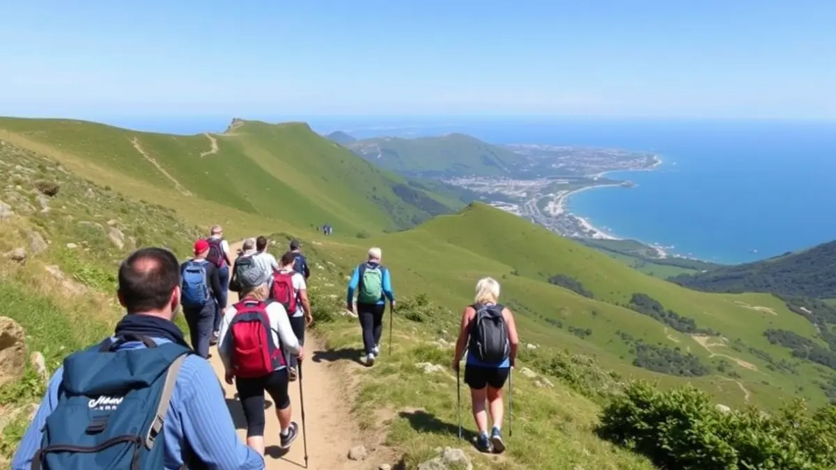A group of hikers on a mountain trail in the Basque Country, with green hills and coastal views in the background.