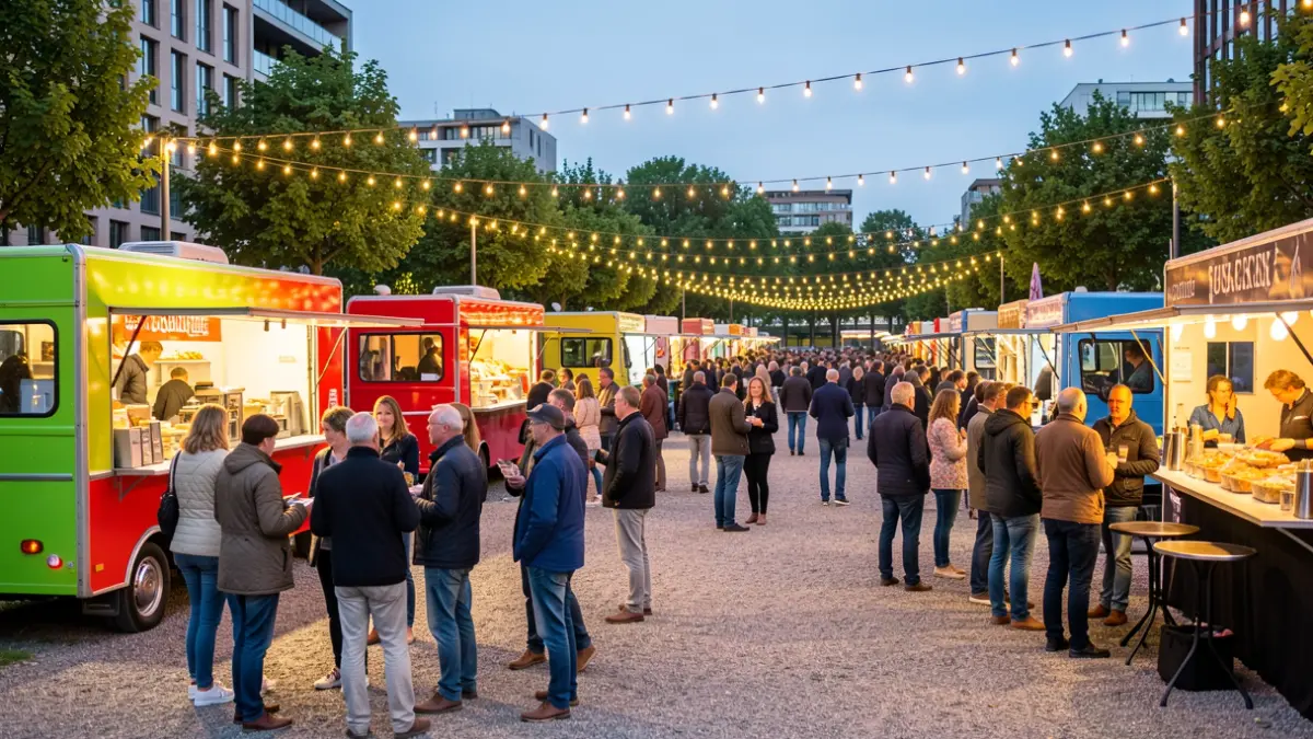 Generic image of an outdoor food festival in an urban park in Euskadi, showing food trucks and people.