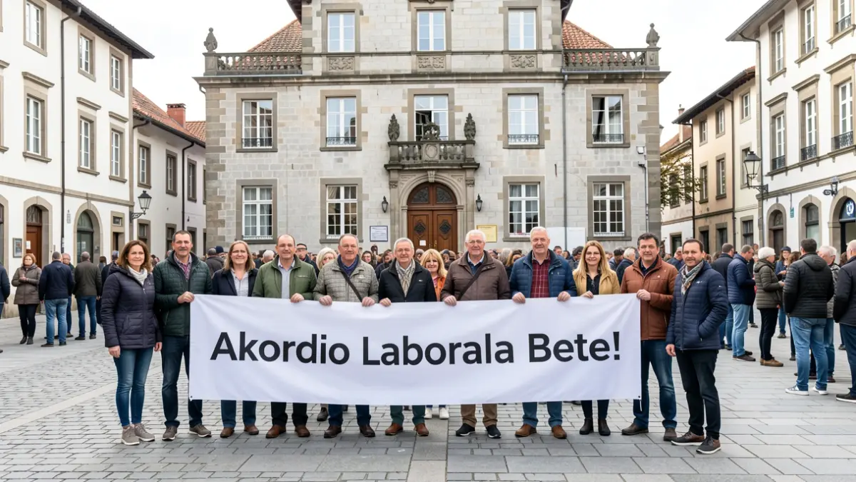 Generic image of a group of people with a banner in front of a Basque building.
