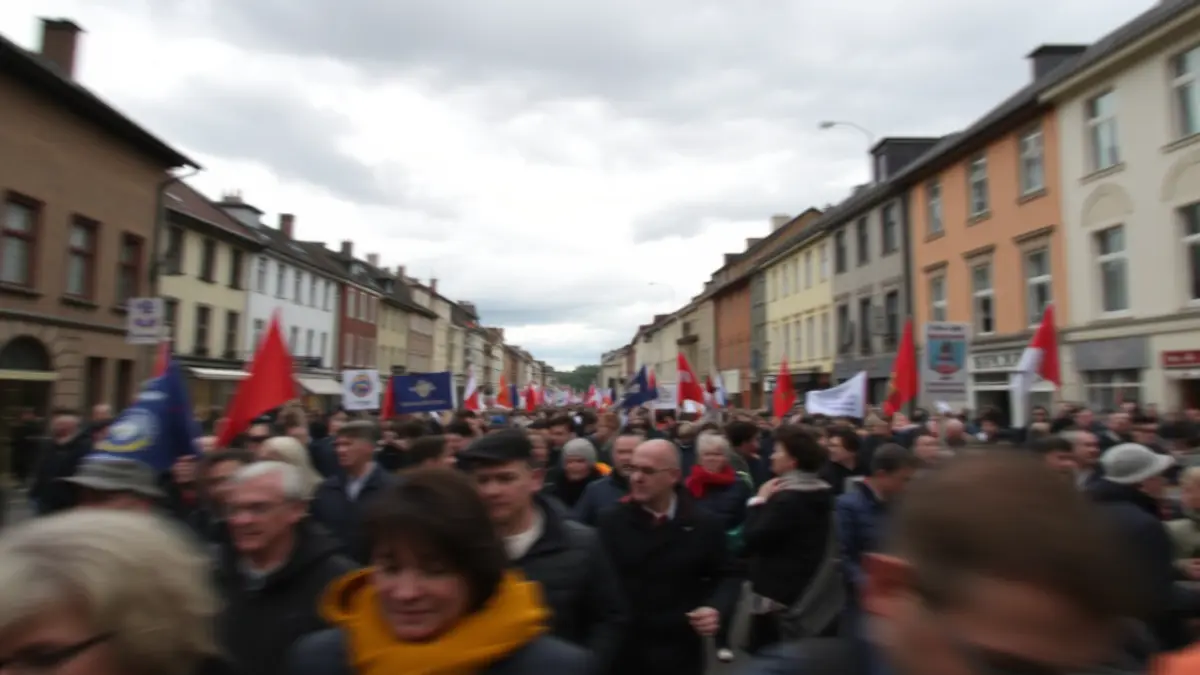 Imagen genérica de una multitud manifestándose en una calle, con pancartas borrosas.