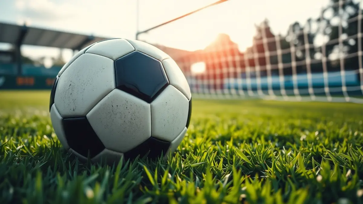 Irudi generikoa futbol baloi bat belar gainean, atzealdean ate sare lausoa duela.