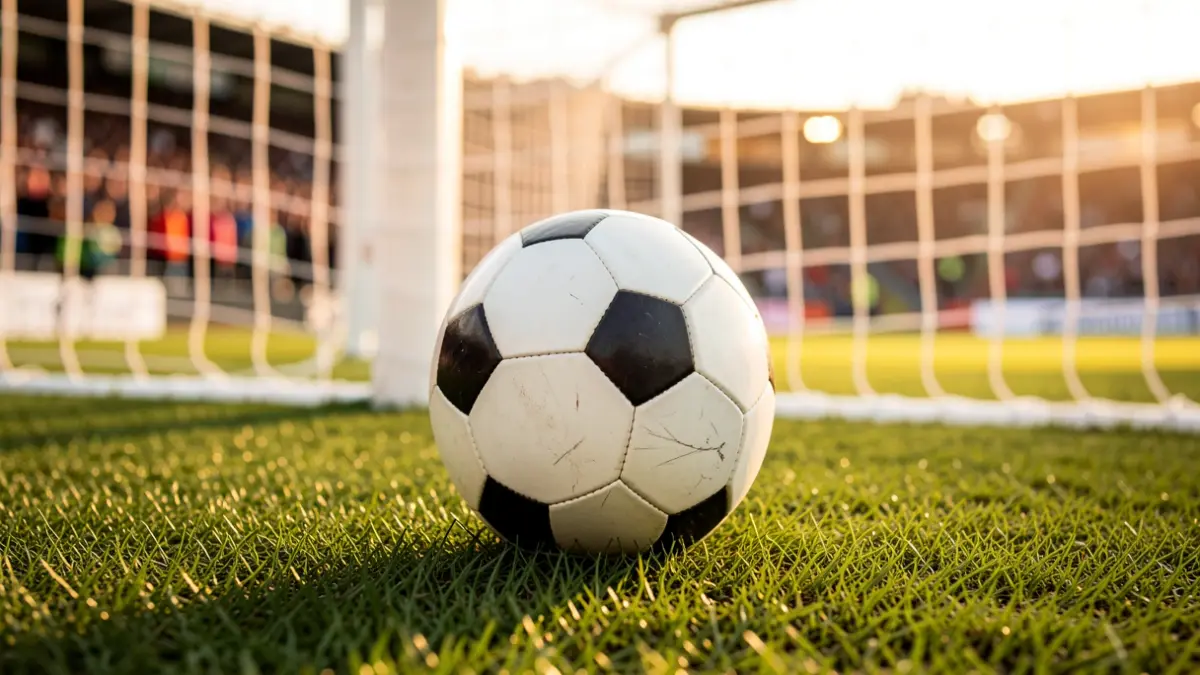 Futbol pilota bat zelai berdean, atzealdean ateko sarea lausotuta.