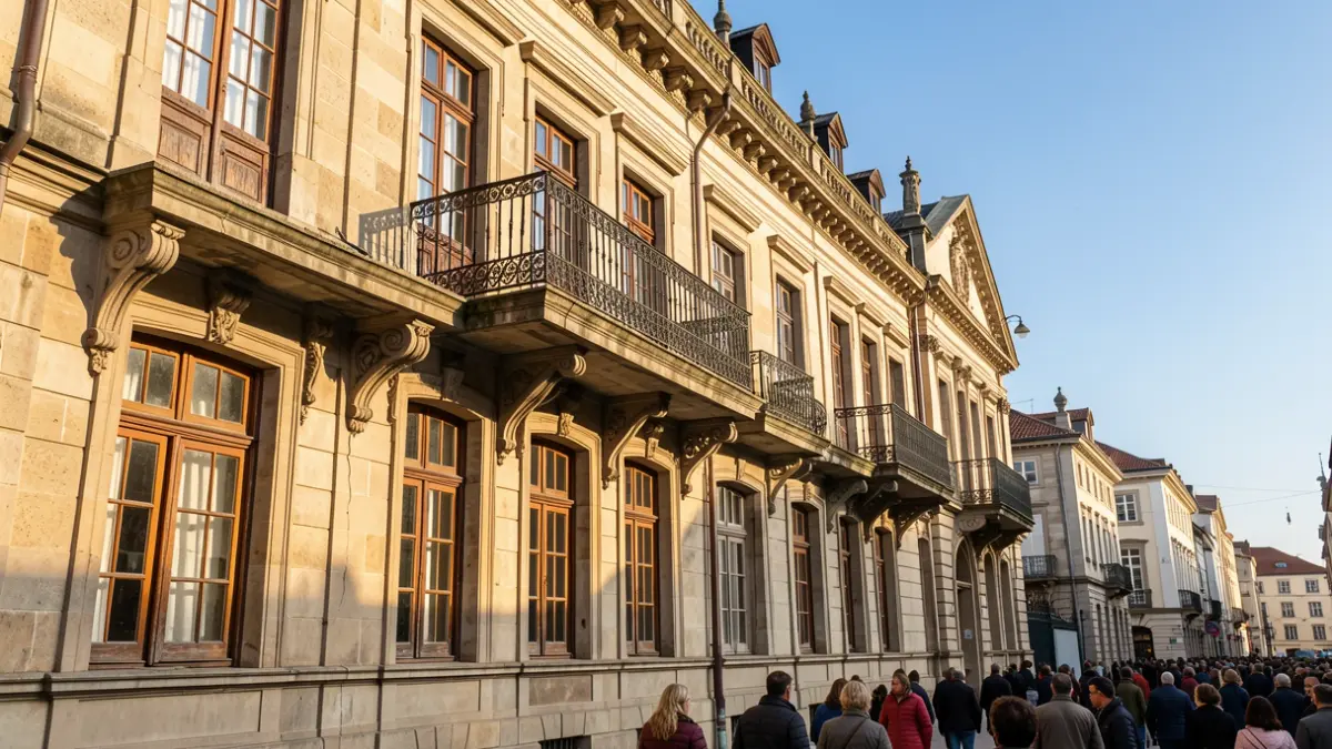 Detalle de la fachada restaurada del Palacio de Lamuza con luz de tarde.