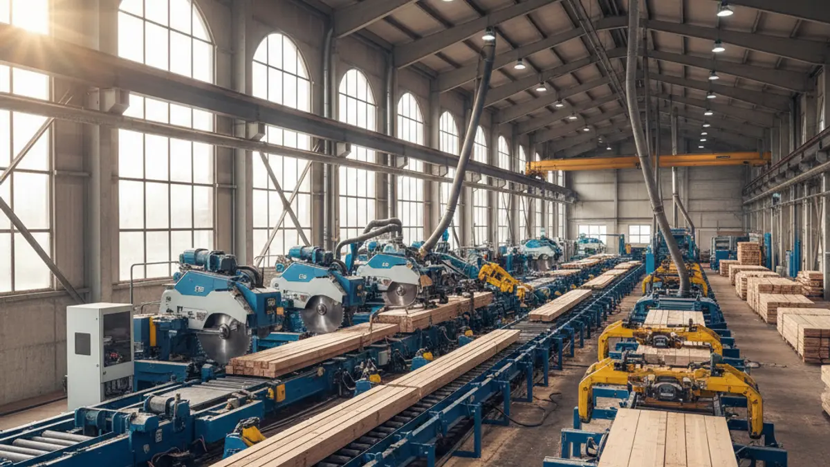 Interior of a modern sawmill with advanced machinery for processing wood.