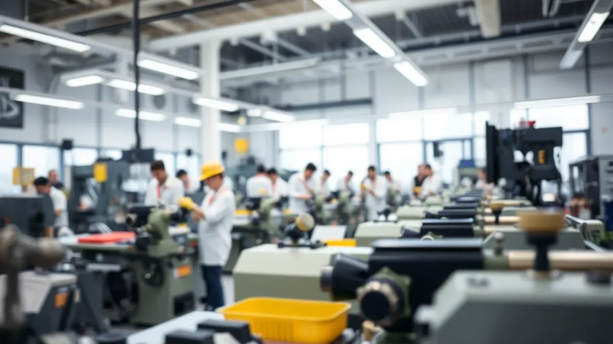 Imagen genérica de un aula moderna de formación profesional con maquinaria industrial.