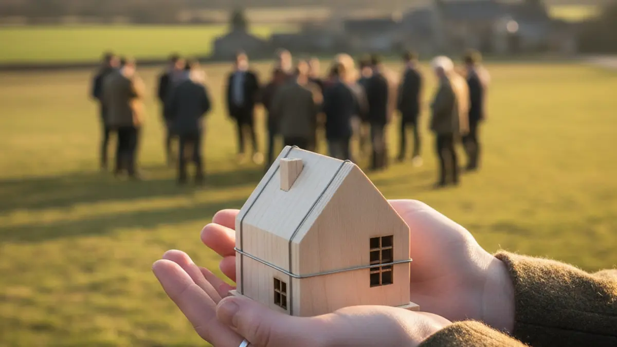 A young person's hands holding a small house model, with a blurred rural landscape in the background.