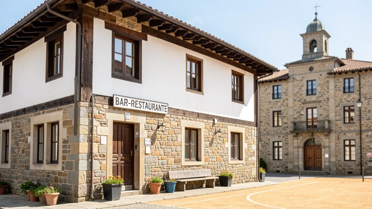 Irudi generikoa eraikin historiko baten kanpoaldea, Euskal Herriko herri batean, harrizko arkitektura tradizionala, igeltsu zuria eta egur iluna dituena.