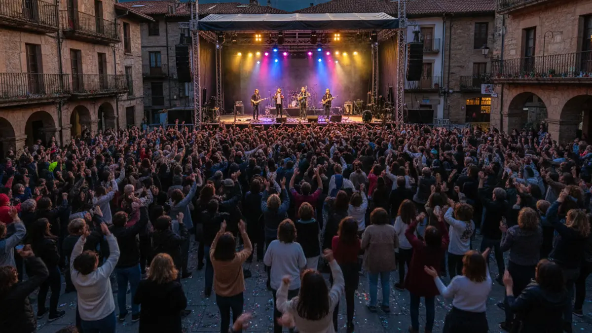 Generic image of an outdoor music festival stage and crowd at dusk.