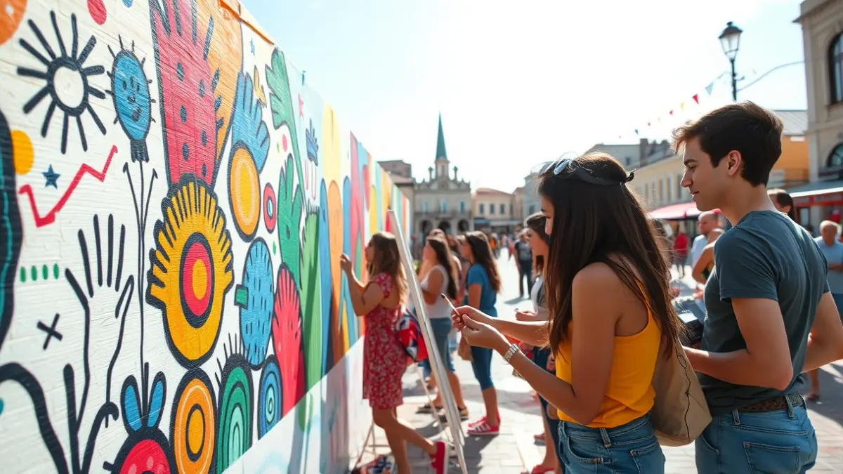 Mural colorido creado en la plaza Okendo de Lasarte-Oria, con dibujos de manos y el logo del grupo Bizipoza.