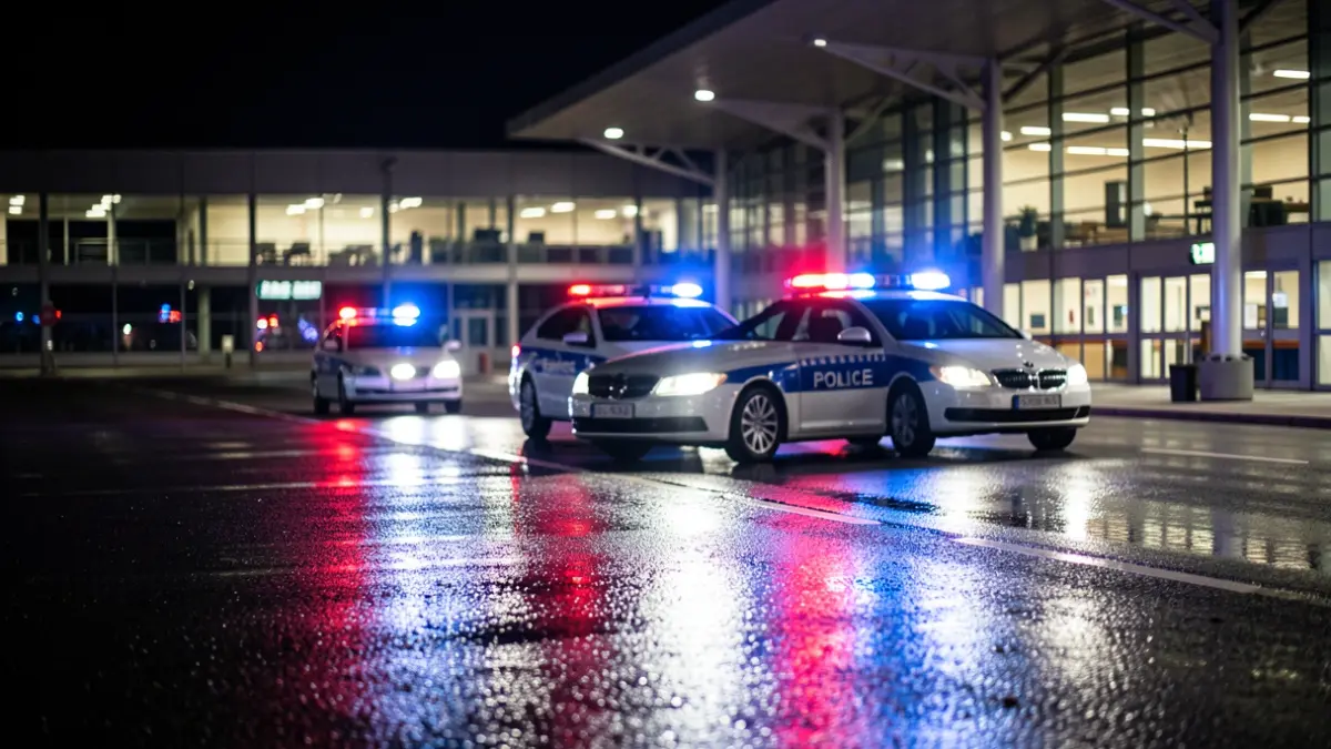 Emergency lights of police vehicles at an airport terminal entrance.