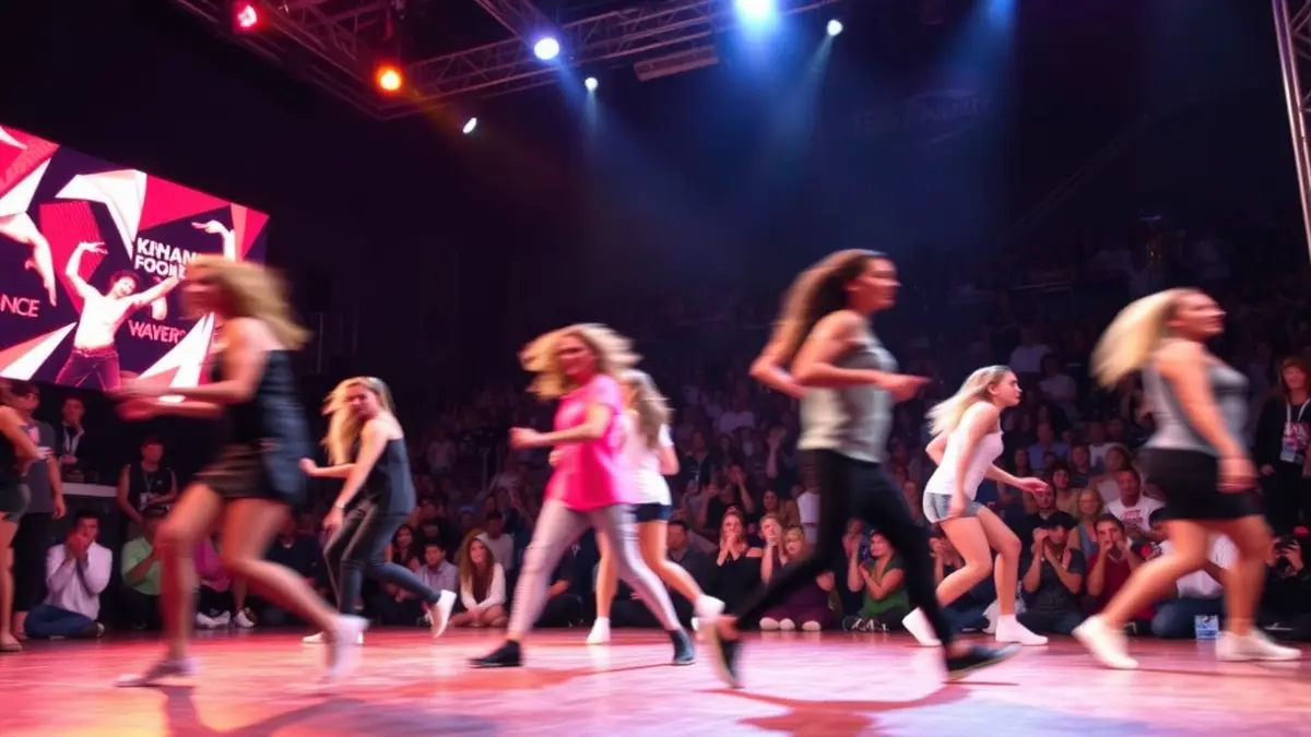 Laudio Wellness taldearen urban dance lehiaketako irudia, dantzariak mugimenduan eta publiko animatua atzealdean.